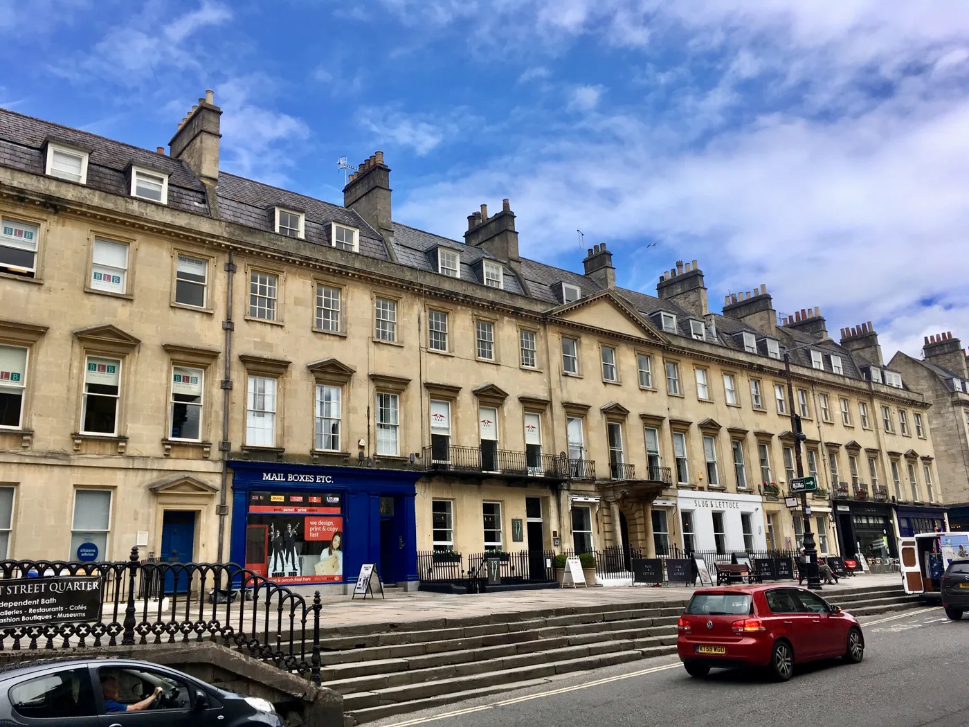 Edgar Buildings on George Street, Bath, photographed in 2019, four years before Flute opened at number 9.