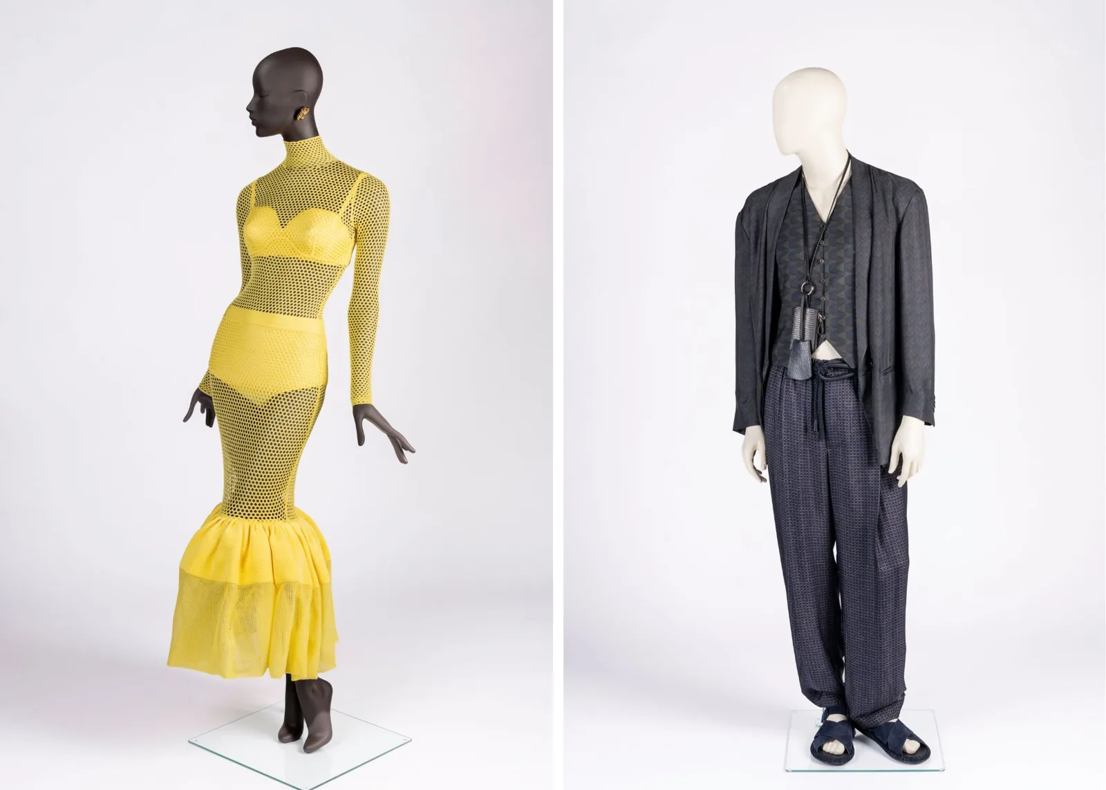The two Dress of the Year 2025 looks: Sarah Burton's acid-yellow mesh dress for Givenchy, left, and Giorgio Armani's navy jacket, waistcoat and trousers, right